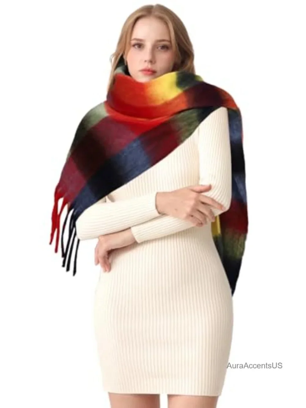 Oversized Chunky Plaid Scarf Shawl Wrap Winter Thick Tassel Soft Acrylic Wool
